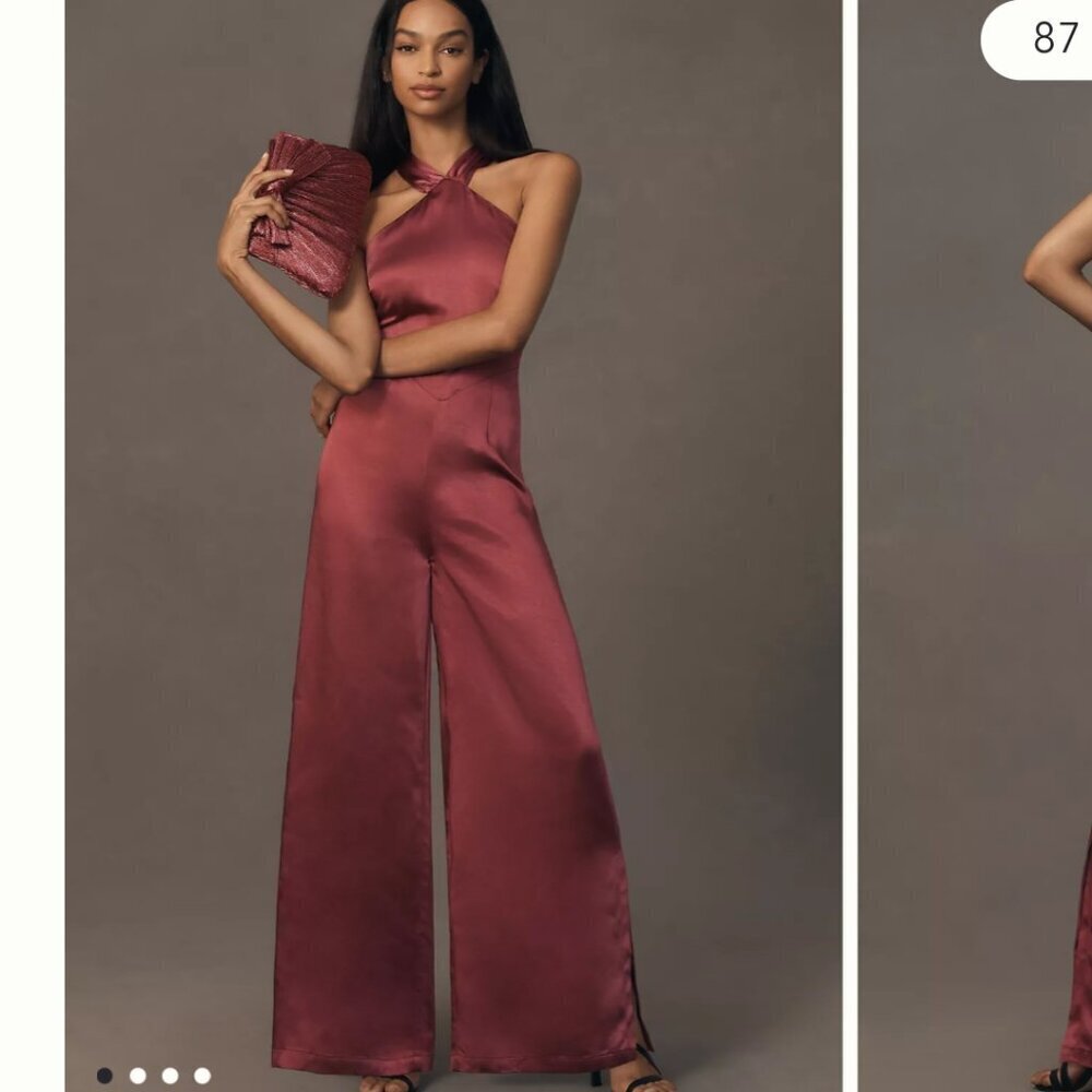 Women's Satin Halter Wide-Leg Jumpsuit in Burgundy